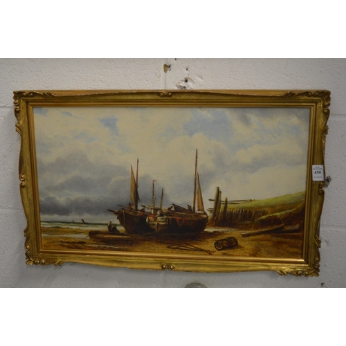 450 - Attributed to Ralph Reuben Stubbs, fisherman maintaining their boats, oil on canvas.