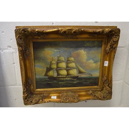 453 - Sailing ship at sea, contemporary oil painting in a decorative gilt frame.