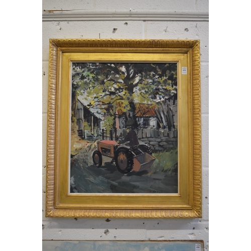 454 - T Brown, tractor and driver in a farmyard, oil on board.