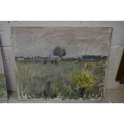 455 - George Weissbort, rural landscape with trees in the distance, oil on board, unframed.