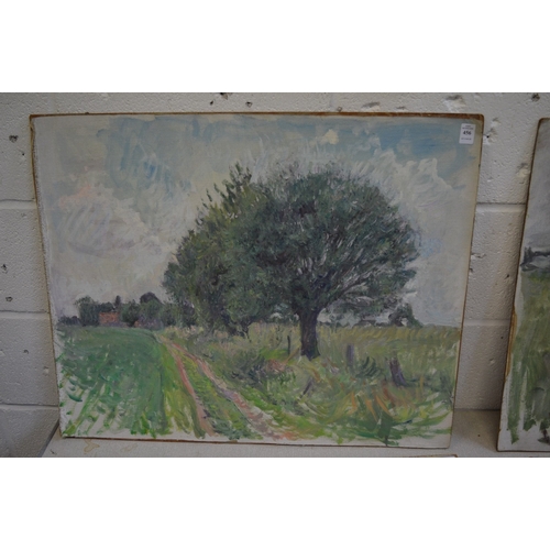 456 - George Weissbort, a country track with trees and buildings in the distance, oil on board.