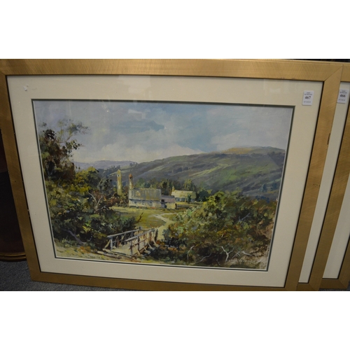 467 - Lance O'Gorman (New Zealand), mountainous landscape with church and bridge, oil on board, signed.