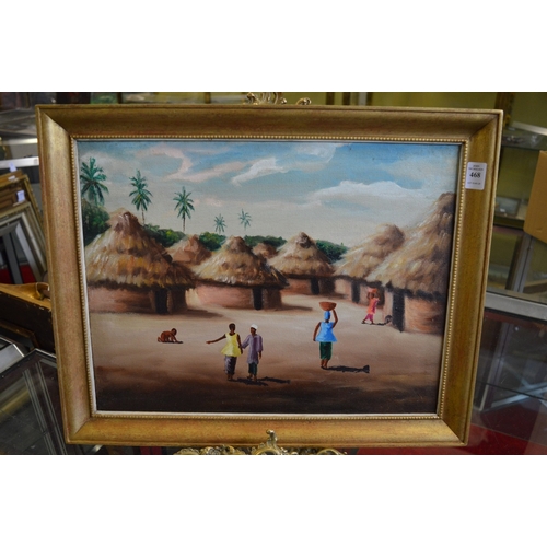 468 - African village scene with figures and straw huts, oil on canvas.