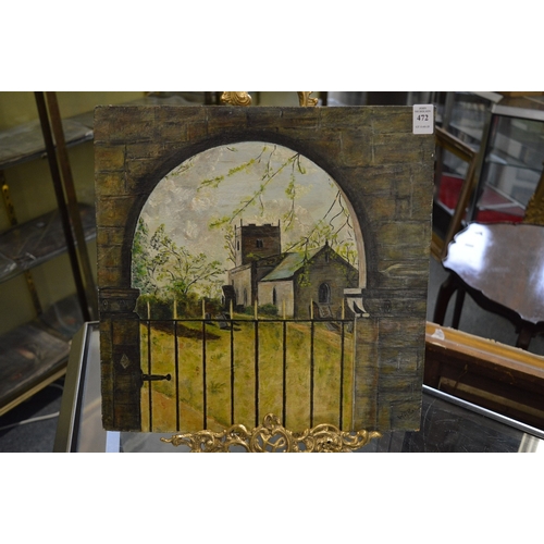 472 - Scene of a church through a wrought iron gate, oil on board, unframed.