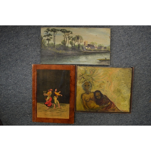 478 - Wooded river landscape with a man fishing, buildings beyond together with decorative panel depicting... 