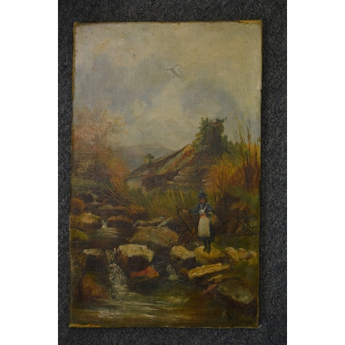 479 - Rural river landscape with a women holding a basket, cottage in the distance, oil on canvas, unframe... 