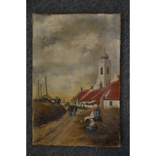 480 - Coastal scene with buildings and figures on a path, oil on canvas, unframed.