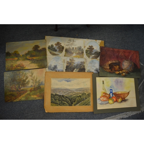 492 - A small group of unframed oil paintings and art work.