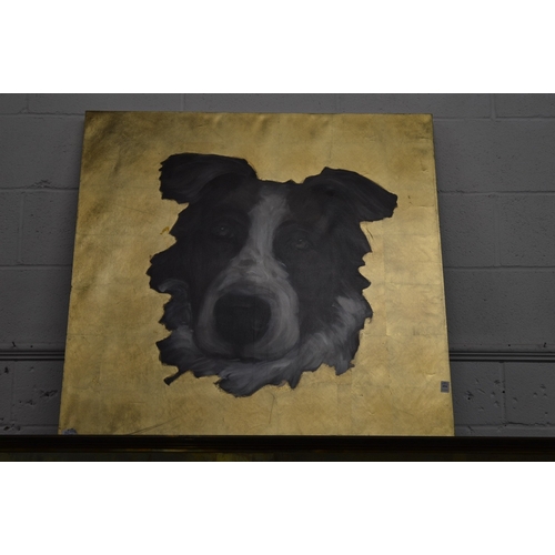 494 - Head study of a collie dog, oil on canvas with a gilded background, 100cm x 100cm.