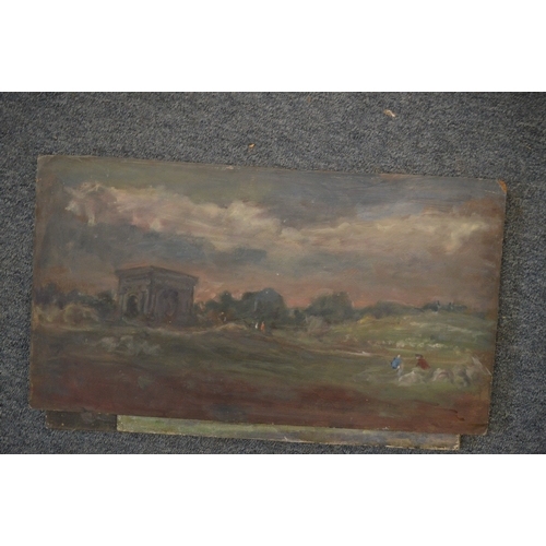 499 - George Weissbort, churchyard scene, oil on board, unframed and four other paintings, unframed.