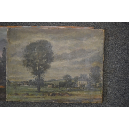 499 - George Weissbort, churchyard scene, oil on board, unframed and four other paintings, unframed.