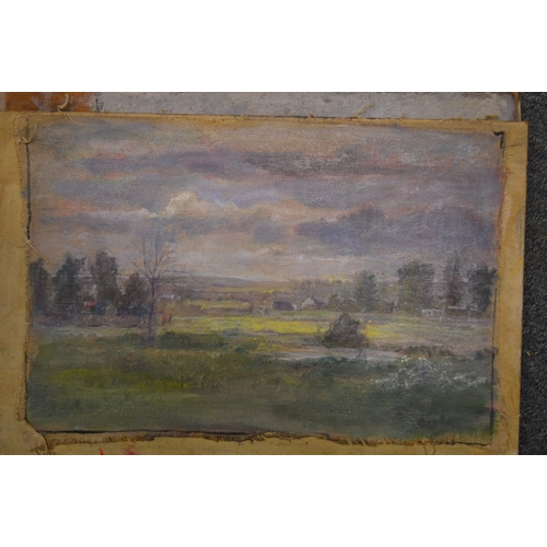 501 - George Weissbort, landscape with ruins in the distance, oil on board, unframed and five other unfram... 