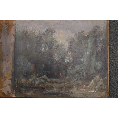 501 - George Weissbort, landscape with ruins in the distance, oil on board, unframed and five other unfram... 