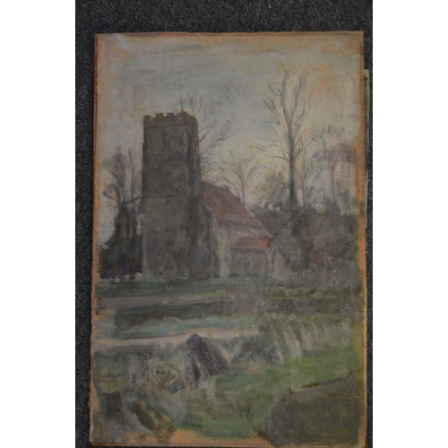 501 - George Weissbort, landscape with ruins in the distance, oil on board, unframed and five other unfram... 