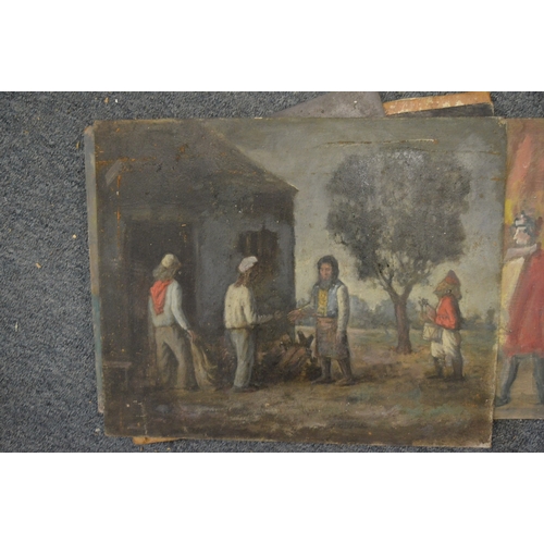 504 - George Weissbort, figures outside a house, one playing the drums, oil on board, unframed and four ot... 