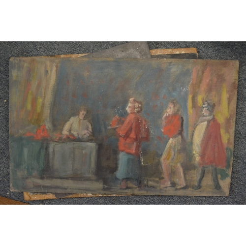 504 - George Weissbort, figures outside a house, one playing the drums, oil on board, unframed and four ot... 