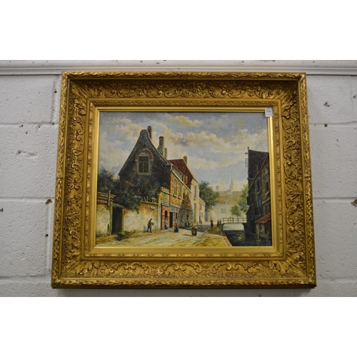 526 - L Roth, a Dutch street scene with canal and figures, oil on panel.