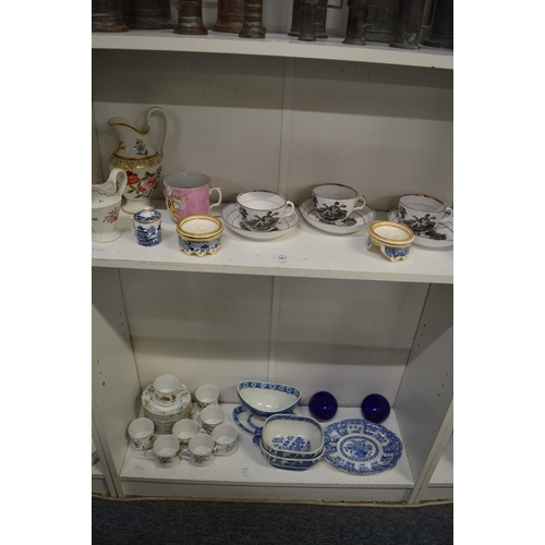 587 - Quantity of 19th century and later porcelain to include three cups and saucers depicting Charity etc... 