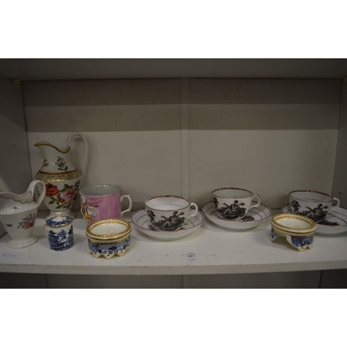 587 - Quantity of 19th century and later porcelain to include three cups and saucers depicting Charity etc... 