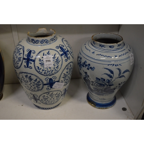 596 - Two 19th century or earlier delft vases.