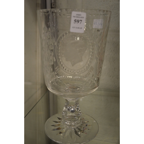 597 - A good King Edward VII engraved and cut glass pedestal vase.