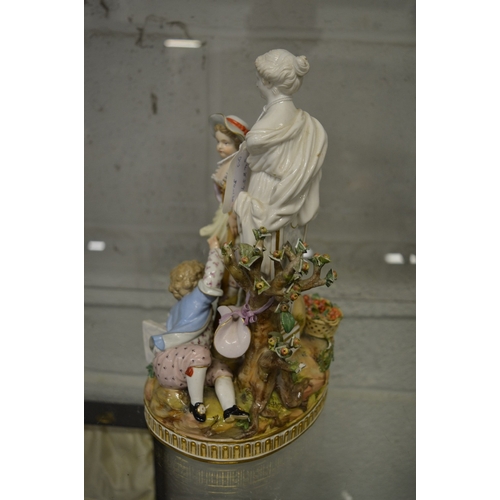 608 - A 19th century porcelain figure group of children by a statue.