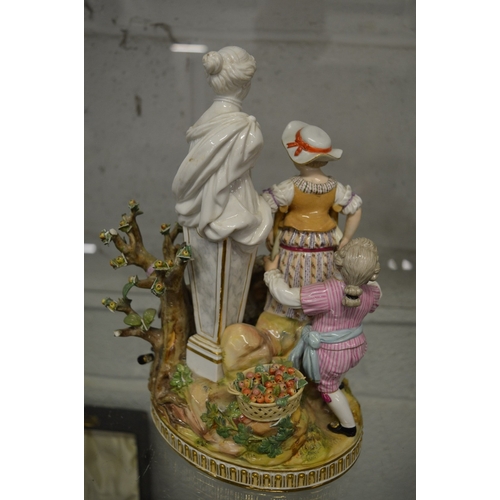 608 - A 19th century porcelain figure group of children by a statue.