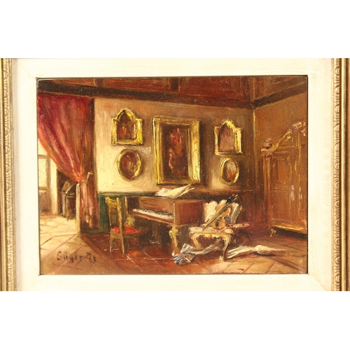 1133 - D. SULNER. An interior with a piano. Signed. Oil on panel. 5ins x 7ins.