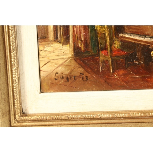 1133 - D. SULNER. An interior with a piano. Signed. Oil on panel. 5ins x 7ins.