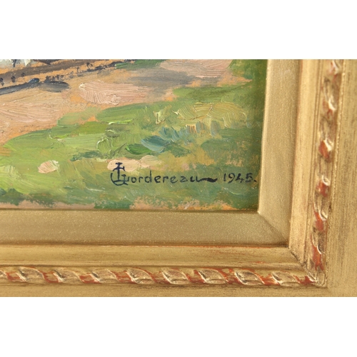 1135 - G. LORDEREAU. A bridge over the River Seine. Signed. Oil on board. 10ins x 13ins.