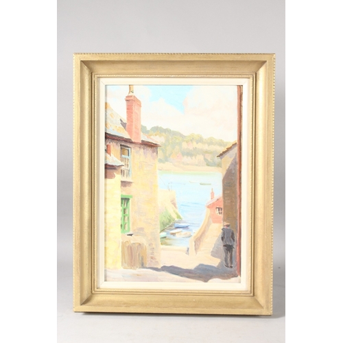 1137 - FAITH SHEPPARD. Cornish fishing village. Oil on board. 14ins x 10ins.