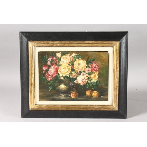 1139 - D. MORTON. Roses and Peaches. Signed. Oil on panel. 5ins x 7ins.