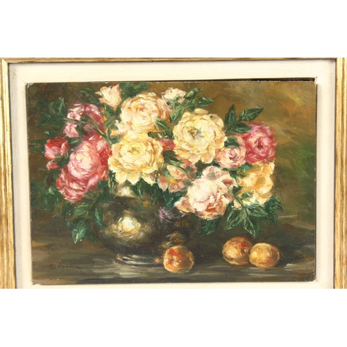 1139 - D. MORTON. Roses and Peaches. Signed. Oil on panel. 5ins x 7ins.