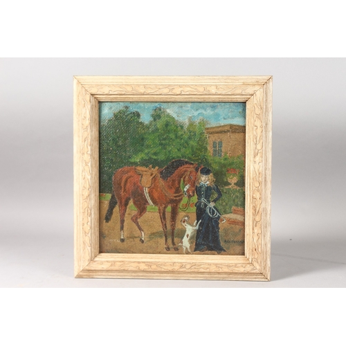 1141 - A. G. BORROW. A lady with a horse and a dog. Signed. Oil on board. 9.5ins x 9.5ins.