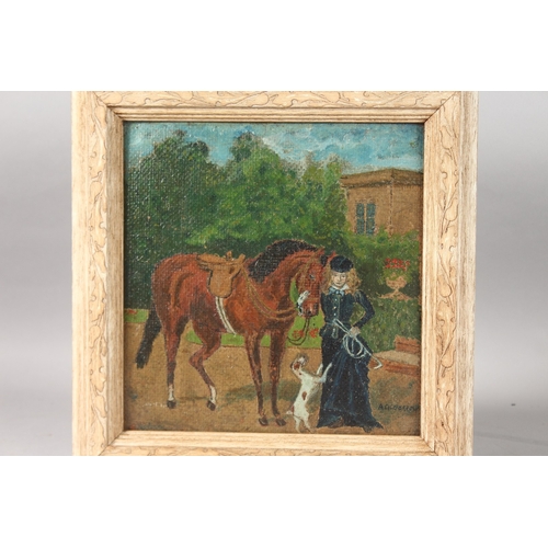 1141 - A. G. BORROW. A lady with a horse and a dog. Signed. Oil on board. 9.5ins x 9.5ins.