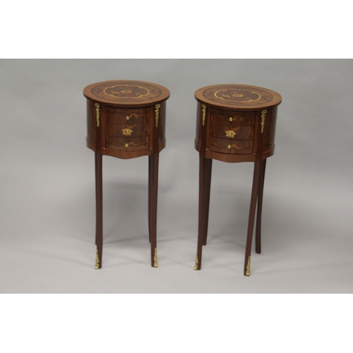 503 - A PAIR OF LOUIS XVITH STYLE CIRCULAR MARQUETRY TOP SIDE TABLES with cross-banded tops, three small d... 