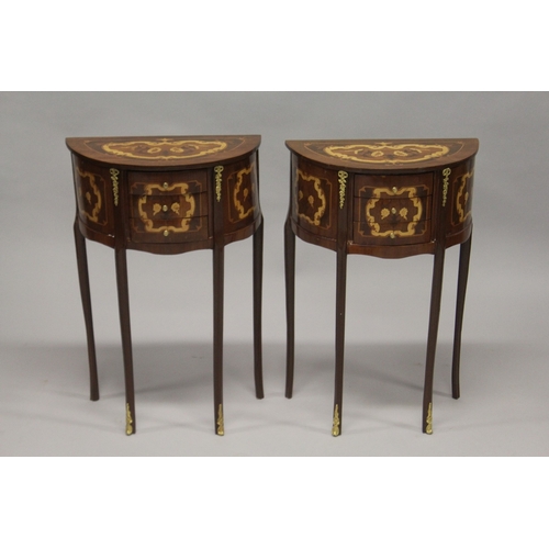 505 - A PAIR OF LOUIS XVITH STYLE HALF-MOON MARQUETRY TOP SIDE TABLES with cross-banded top. 2ft 4ins high... 