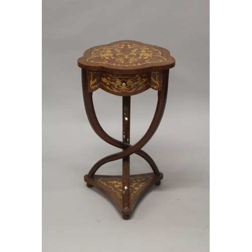 506 - A GOOD SHAPED TOP INLAID BEDSIDE TABLE, with single drawer and cross curving legs. 2ft 6ins high.... 