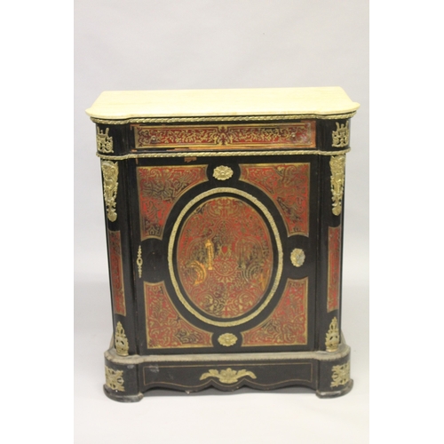 507 - A MARBLE TOP BOULLE CABINET with long frieze drawer over a panel door, with oval gilt metal mounts. ... 