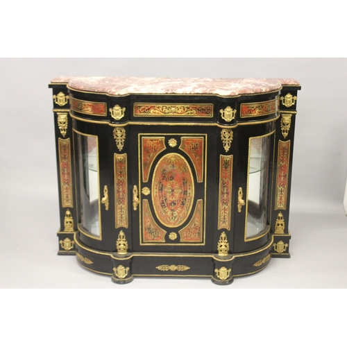 508 - A GOOD MARBLE TOP BOULLE CONSOLE AND MIRROR, the cabinet with panel door, with oval and glass fronte... 