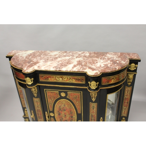 508 - A GOOD MARBLE TOP BOULLE CONSOLE AND MIRROR, the cabinet with panel door, with oval and glass fronte... 