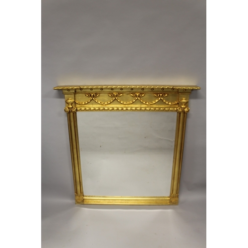 510 - A GILTWOOD OVERMANTLE MIRROR with garlands, urns and plain column sides. 3ft 11ins wide x 4ft high.... 