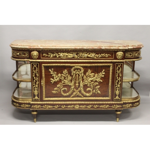 519 - A LARGE LOUIS XVITH DESIGN MARBLE TOP COMMODE fitted with four drawers, double panel doors and open ... 