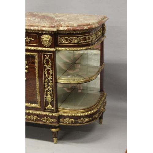 519 - A LARGE LOUIS XVITH DESIGN MARBLE TOP COMMODE fitted with four drawers, double panel doors and open ... 