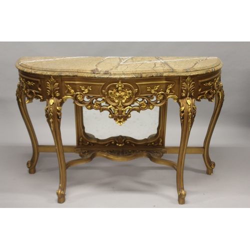 526 - A LOUIS XVITH GILDED MARBLE TOP CONSOLE AND MIRROR, the shaped base with marble top, scrolls and aca... 