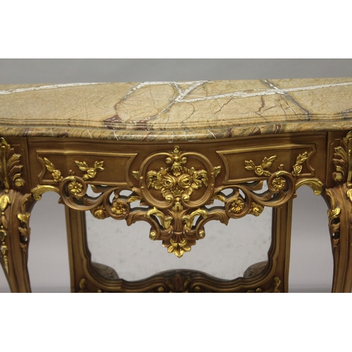 526 - A LOUIS XVITH GILDED MARBLE TOP CONSOLE AND MIRROR, the shaped base with marble top, scrolls and aca... 