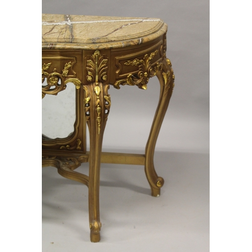 526 - A LOUIS XVITH GILDED MARBLE TOP CONSOLE AND MIRROR, the shaped base with marble top, scrolls and aca... 