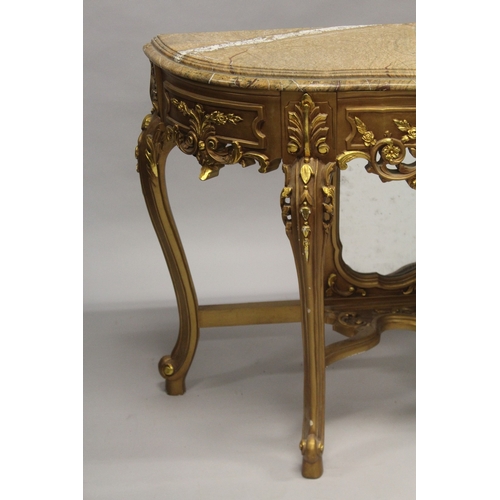 526 - A LOUIS XVITH GILDED MARBLE TOP CONSOLE AND MIRROR, the shaped base with marble top, scrolls and aca... 