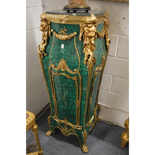 527 - A SUPERB LARGE PAIR OF IMPRESSIVE FAUX MALACHITE AND ORMOLU PEDESTALS with bold lion masks, garlands... 