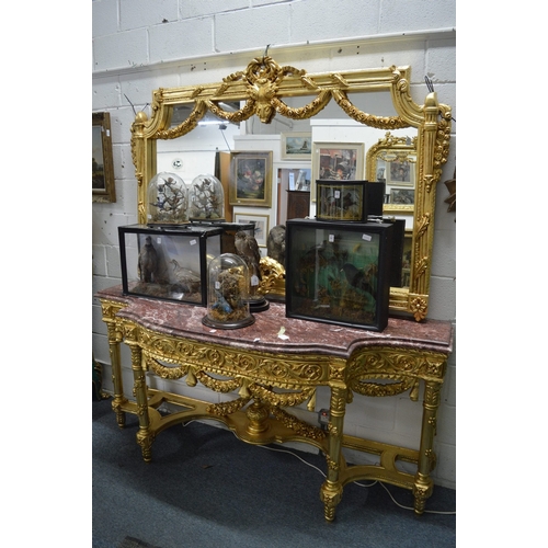 528 - AN IMPRESSIVE LOUIS XVITH STYLE MARBLE TOP CONSOLE AND MIRROR with garlands, ribbon motifs and flowe... 